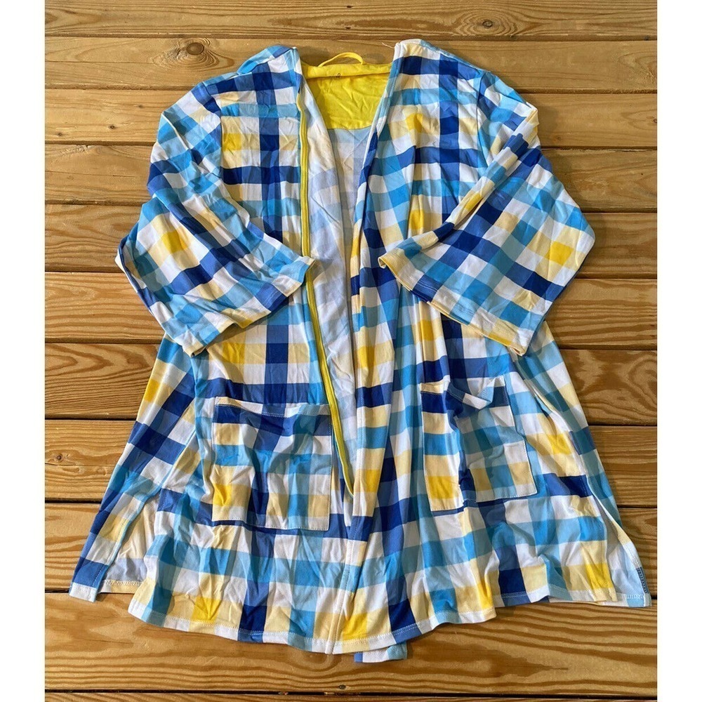 NEW Cuddl Duds Check Patch Pocket Wrap Cardigan Size Medium Women’s Blue Yellow